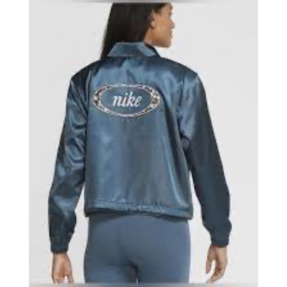 Nike Women's Satin Bomber Jacket Teal Blue Floral Logo Snap Front Size M